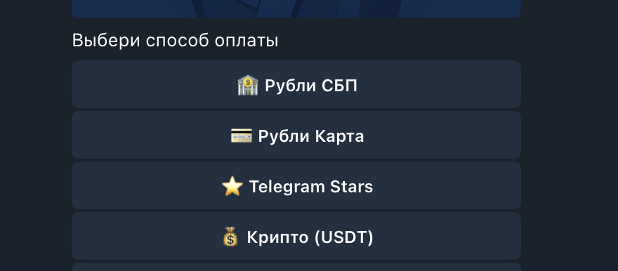 Способы оплаты подписки Happ в боте: СБП, карта, Telegram Stars, USDT
